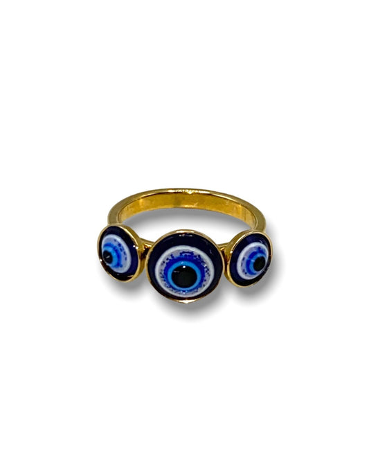 Gold-Filled Ring with 3 Blue Evil Eyes | Protection & Style |