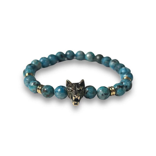 Blue Beaded Gold Wolf Head Bracelet
