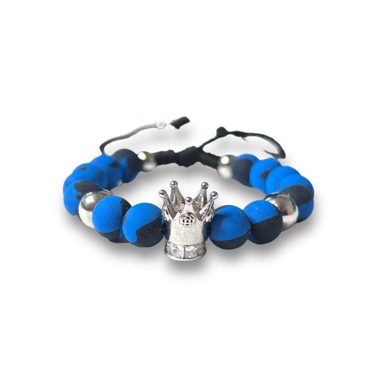 Silver Crown Bracelet with Blue and Black Beads - A Royal and Stylish Piece of Jewelry
