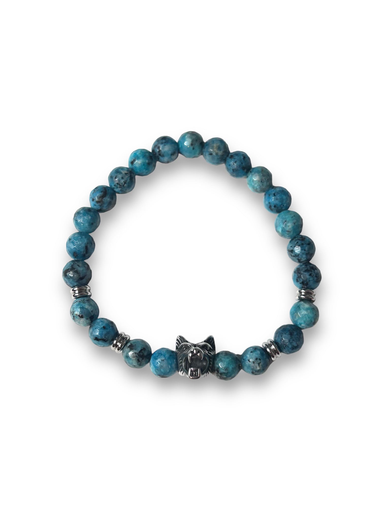 Blue Beaded Silver Wolf Head Bracelet