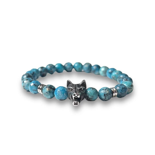 Blue Beaded Silver Wolf Head Bracelet