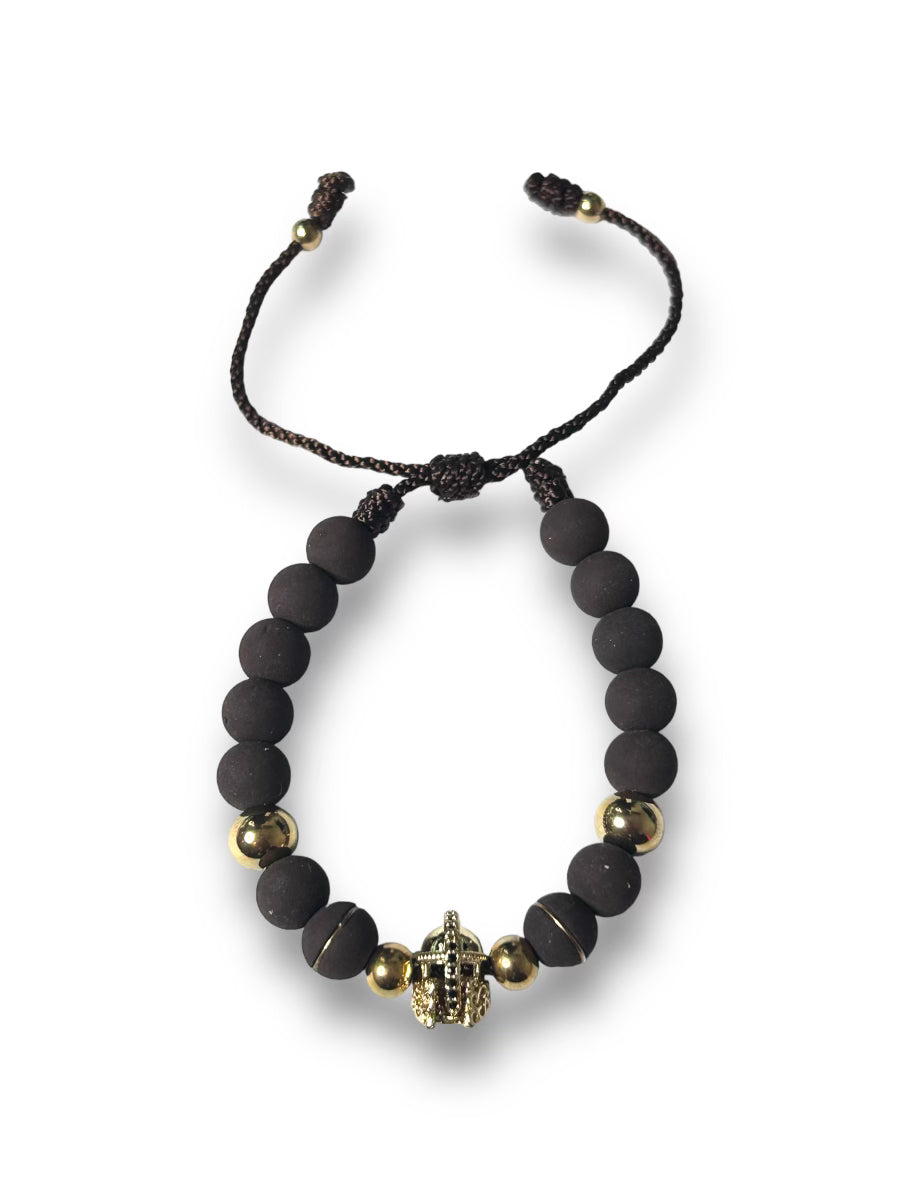 Gold Spartan Charm Bracelet with Black Beads
