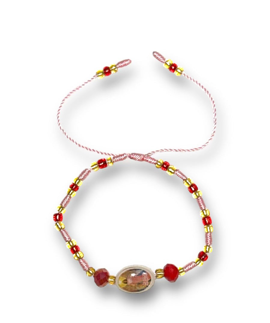 San Chamuel Bracelet: Pink String with Red and Yellow Beads