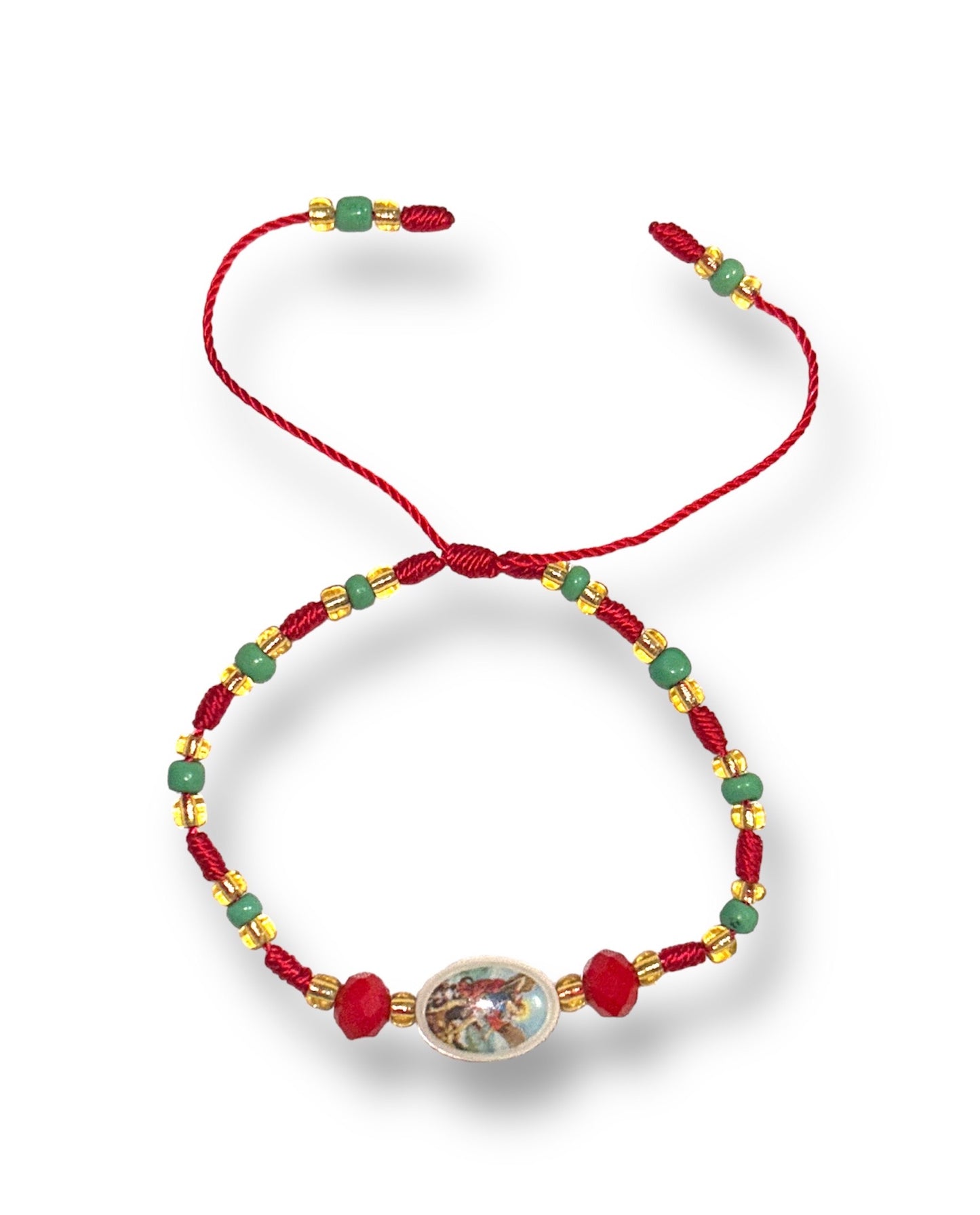 Saint Michael Bracelet - Red String with Green Beads and Red Crystals for Powerful Protection