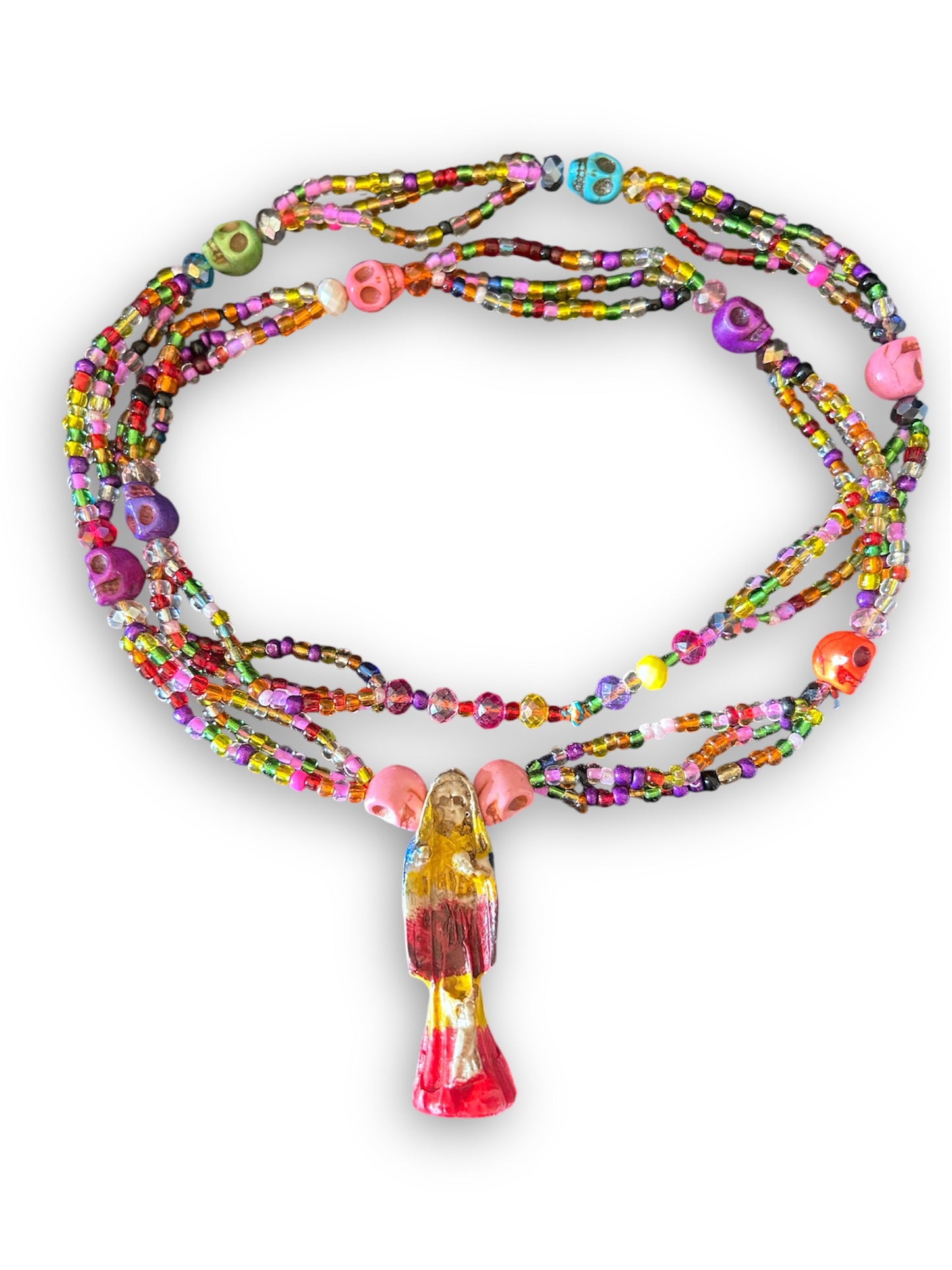 Multicolored Santa Muerte Necklace with Skulls: Symbol of Protection and Transformation