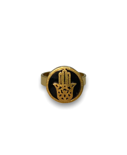 Stylish Gold-Filled Hamsa Ring with Black Inner