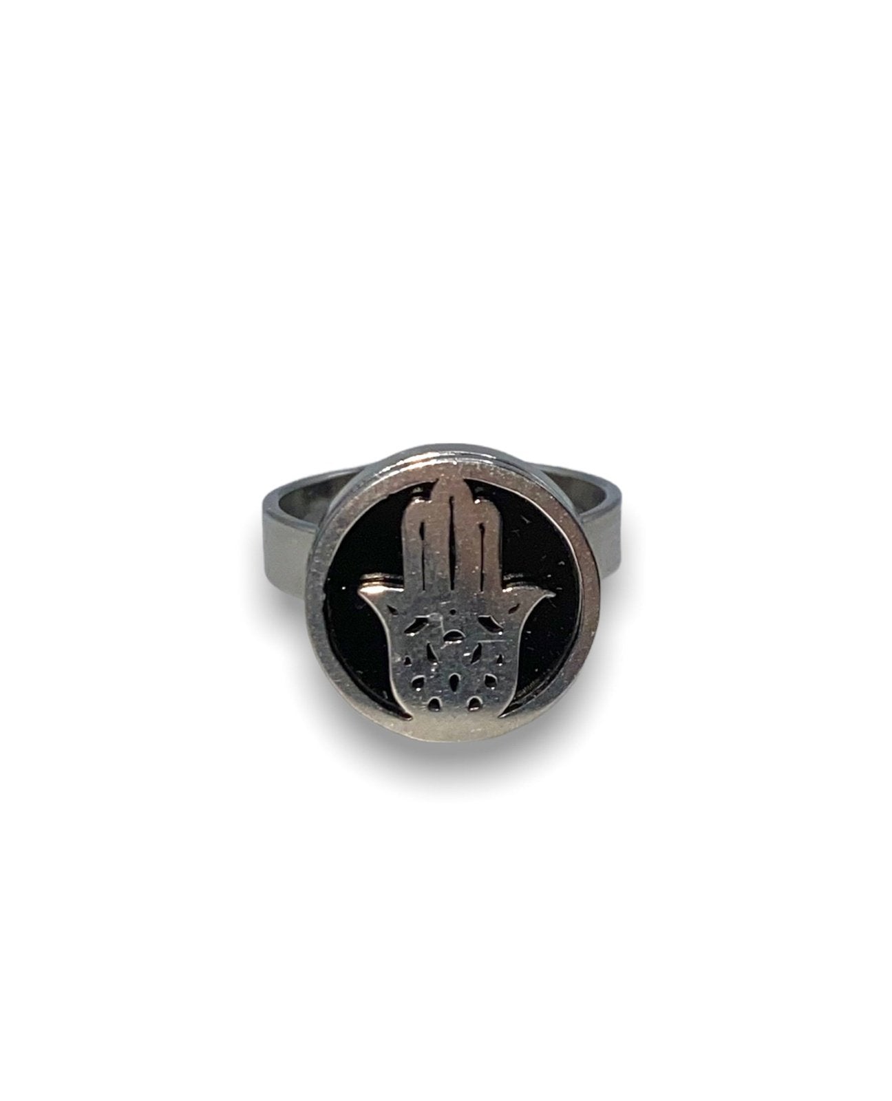 Stainless Steel Hamsa Hand Ring with Black Inner