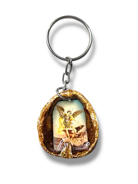 Saint Michael Walnut Wood Keychain – Spiritual Protection On-the-Go